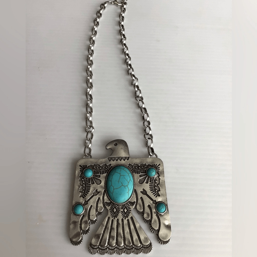 Soon 1/28 NEW ! Boho Western Eagle Faux Silver and Turquoise Eagle Necklace